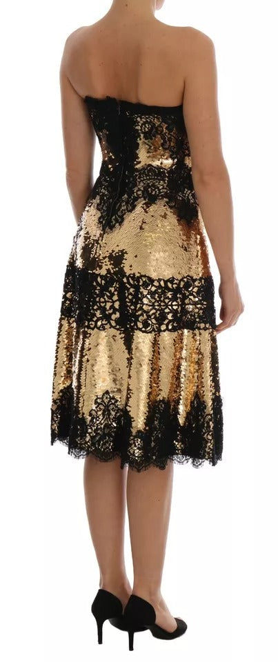Robe bustier en dentelle Dolce & Gabbana orné de sequins brillants et de bretelles dorées, élégante et sophistiquée.
