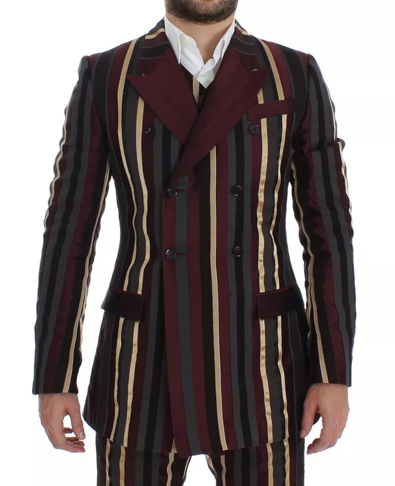Costume vestiaire Dolce & Gabbana à rayures multicolores, costume slim fit à 3 pièces avec veste, pantalon et gilet.