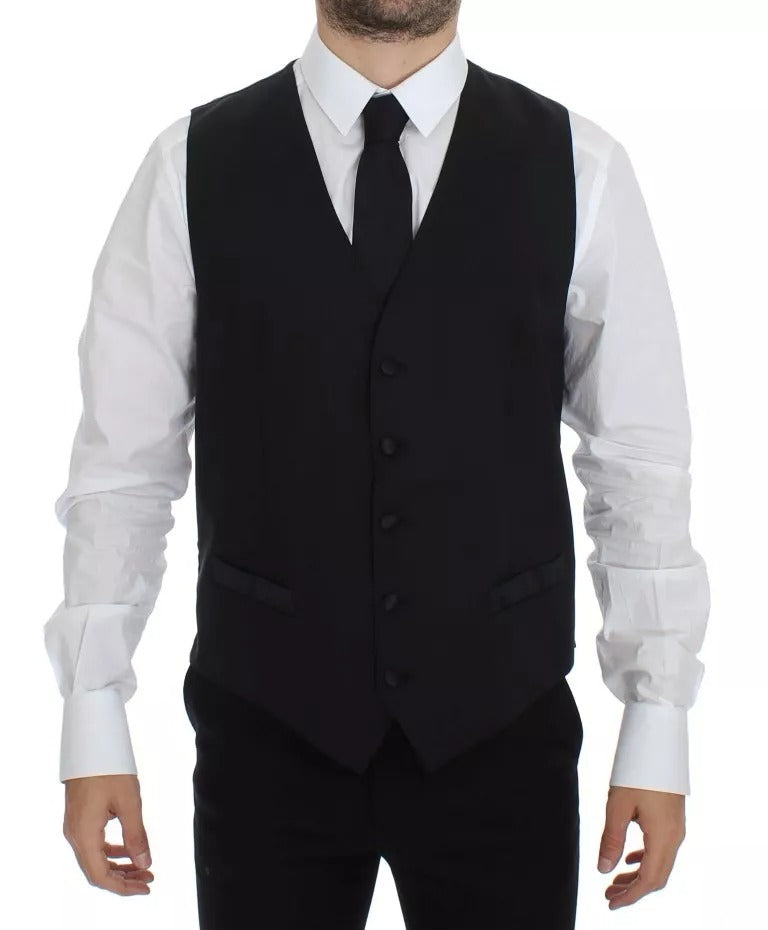 Gilet veste en laine et soie noire Dolce & Gabbana, vêtement élégant avec coupe ajustée et détails raffinés.