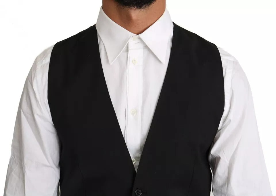 Gilet en laine noir Dolce & Gabbana avec logo, veste cintrée élégante et sophistiquée pour homme.