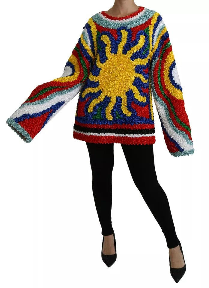 Pull à manches courtes Dolce & Gabbana multicolore avec ourlet froncé et détails en volants, style blouse léger et élégant.