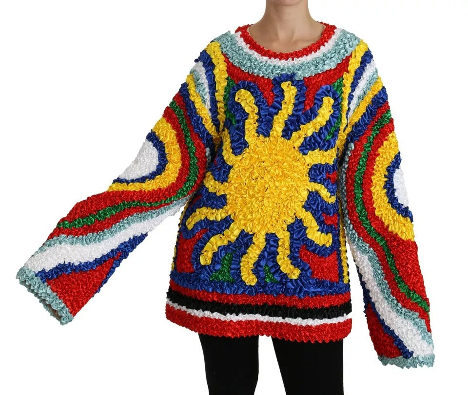 Pull à manches courtes Dolce & Gabbana à rayures multicolores avec volants et détails en dentelle.
