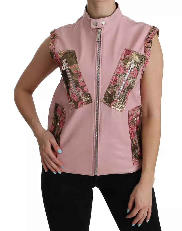 Veste sans manches en cuir rose Dolce & Gabbana, veste veste élégante avec finition soignée et style moderne.