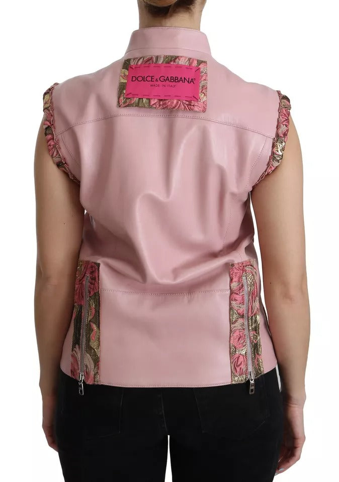Veste sans manches en cuir rose Dolce & Gabbana, style veston avec col et fermeture, vue de face.