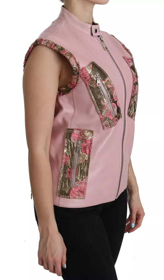 Veste sans manches en cuir rose de Dolce & Gabbana, veste ou blouse élégante pour femme, vue de face.