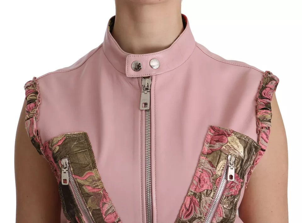 Veste sans manches en cuir rose Dolce & Gabbana, veste élégante sans manches avec détails raffinés.