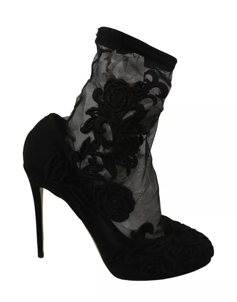 Chaussures Dolce & Gabbana noires en tulle stretch avec motifs floraux et talons, élégantes et sophistiquées.
