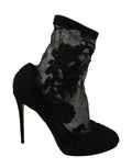 Chaussures Dolce & Gabbana noires en tulle stretch avec motifs floraux et talons, élégantes et sophistiquées.