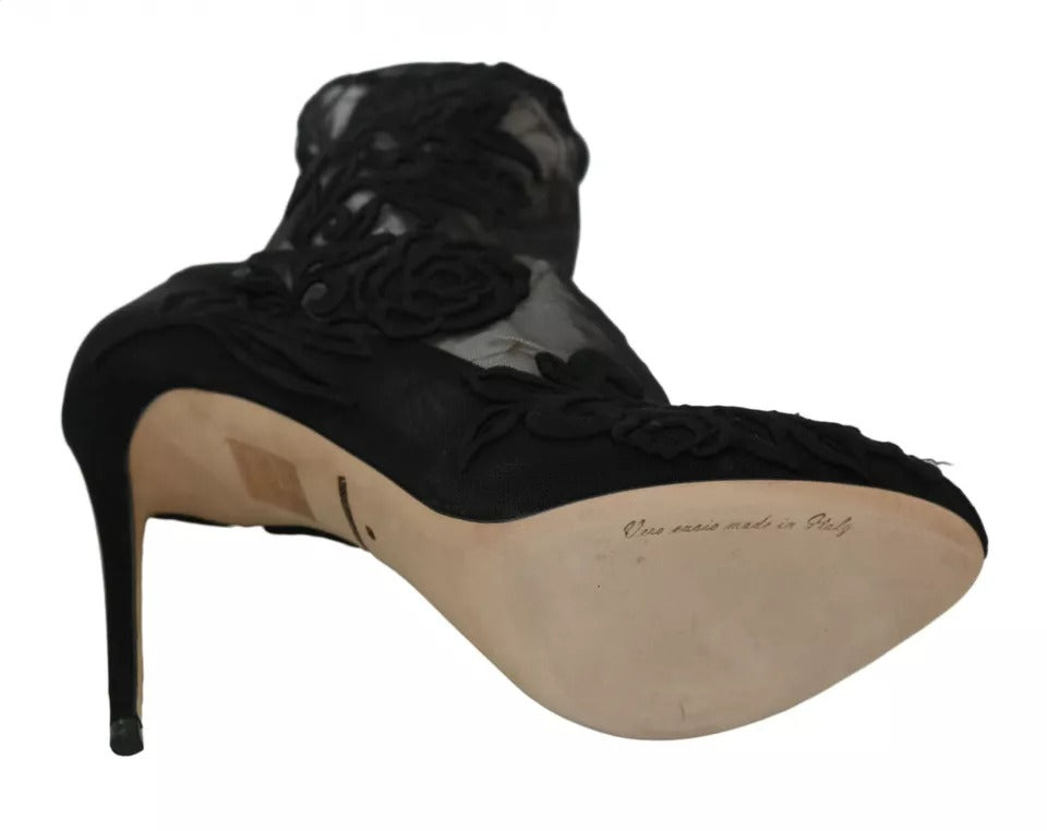 Chaussures Dolce & Gabbana noires en tulle extensible avec motifs floraux, bottines élégantes pour femmes.