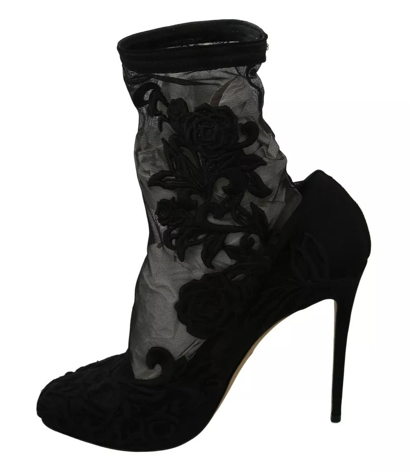 Chaussures à talons Dolce & Gabbana en tulle noir avec motifs floraux, style bottines élégantes et sophistiquées.