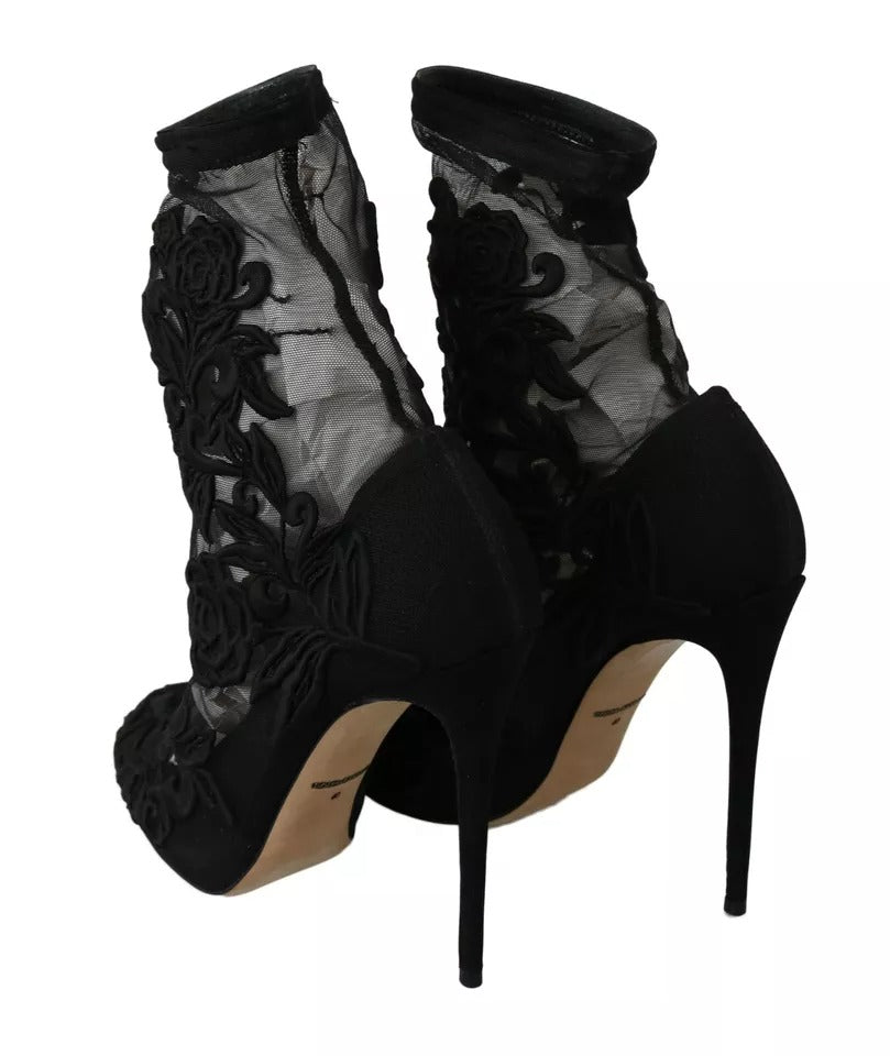 Chaussures Dolce & Gabbana noires en tulle extensible avec motifs floraux et bout ouverts, élégantes et sophistiquées.