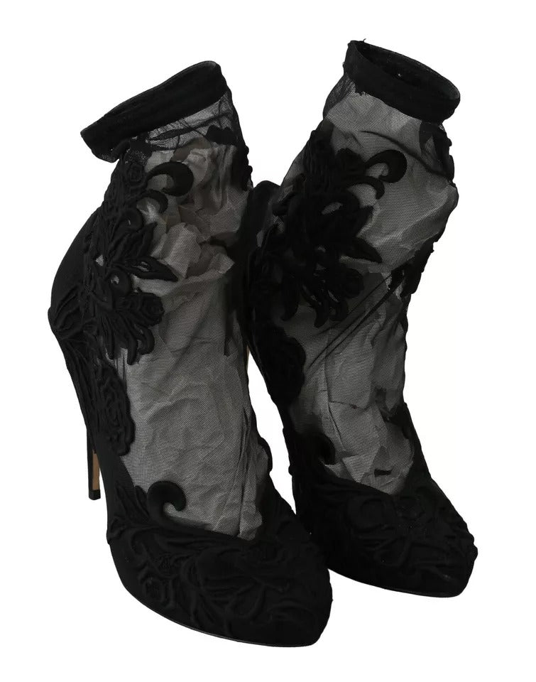 Chaussures Dolce & Gabbana à talons bottines en tulle noir à motifs floraux, élégantes et sophistiquées.