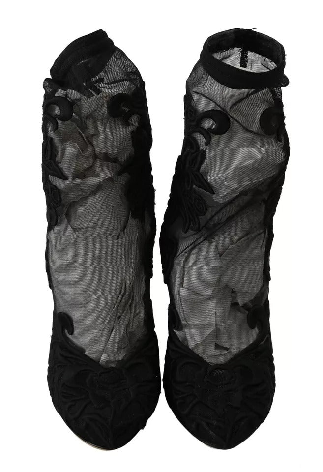 Chaussures Dolce & Gabbana en tulle noir à motifs floraux, bottines extensibles élégantes pour femmes.