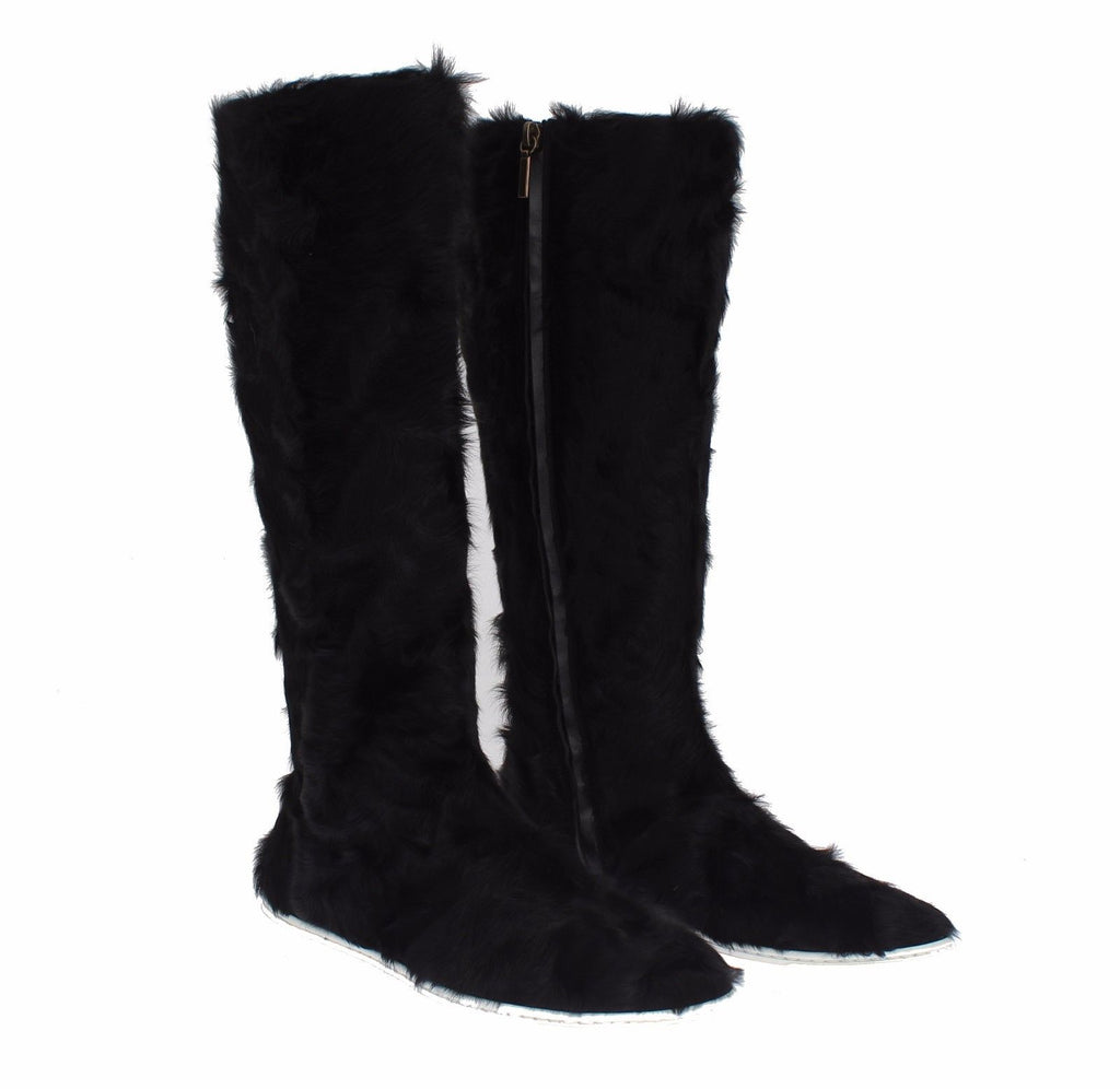 Bottes en cuir et fourrure d'agneau noire Dolce & Gabbana Xiangao, style élégant et sophistiqué.