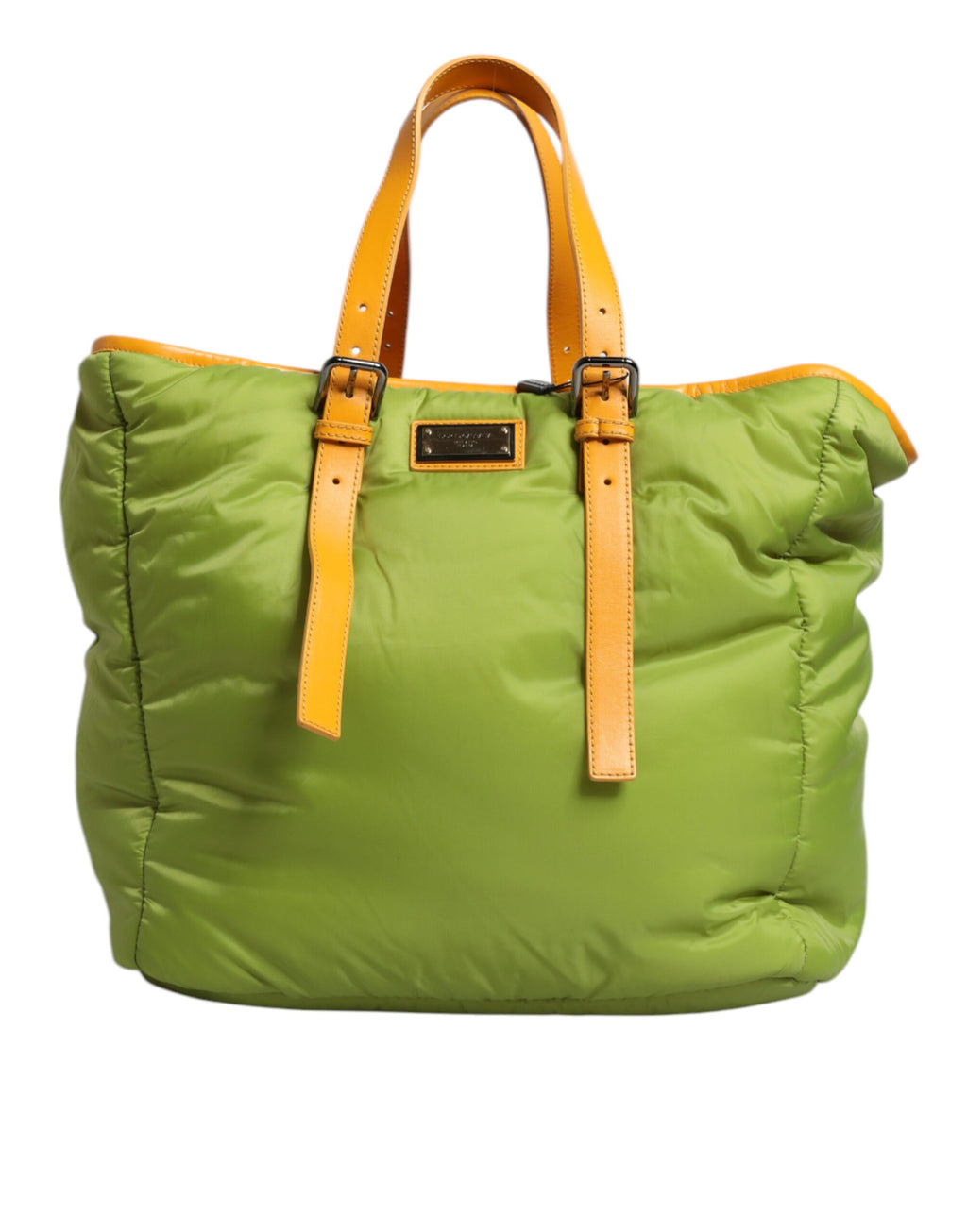 Sac à main Dolce & Gabbana en nylon vert rembourré avec logo et plaque, porté en mode sac à bandoulière ou tote.