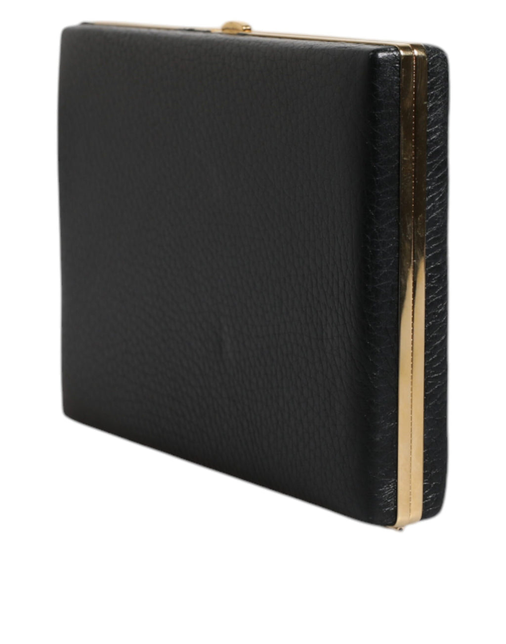 Pochette noire en cuir Dolce & Gabbana avec cadre doré, idéale pour soirée et événements élégants.