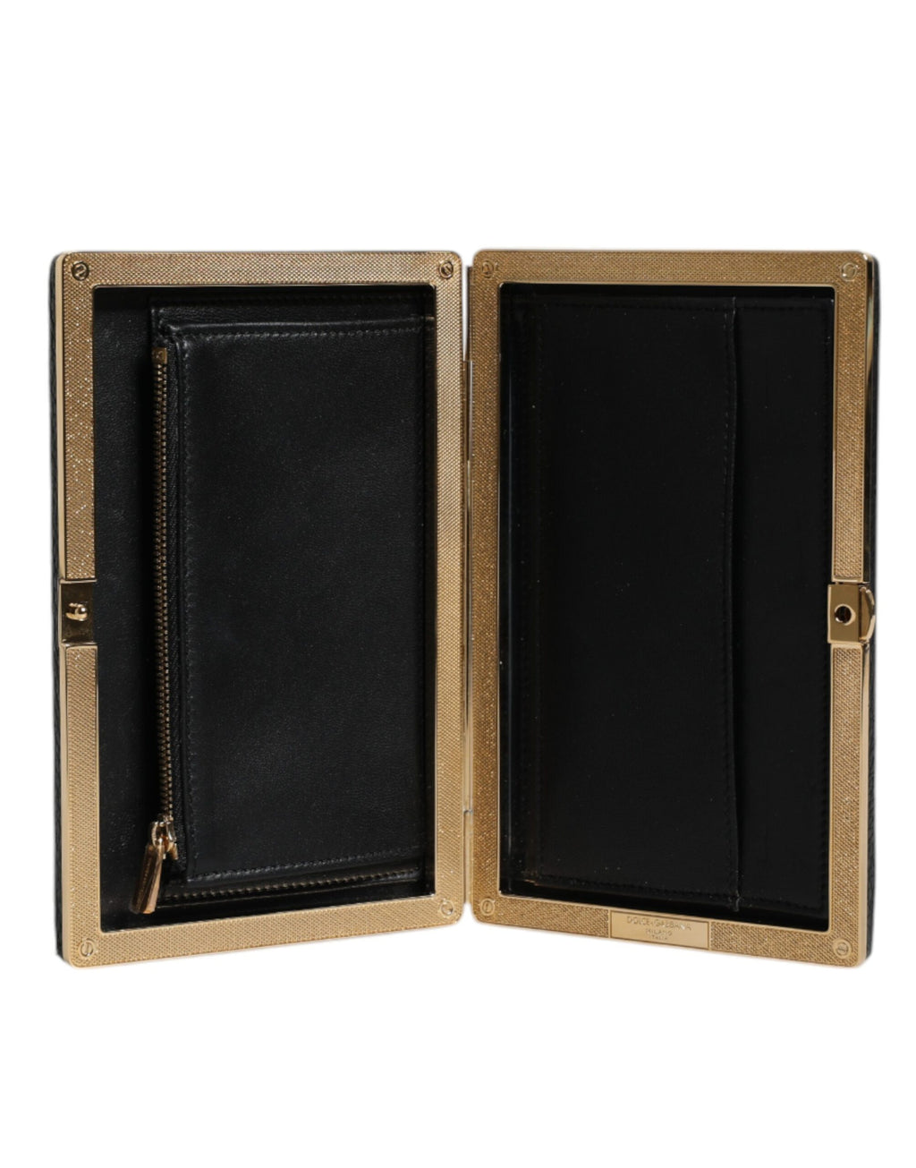 Sac pochette en cuir noir Dolce & Gabbana avec cadre doré, parfait pour soirée et occasions spéciales.