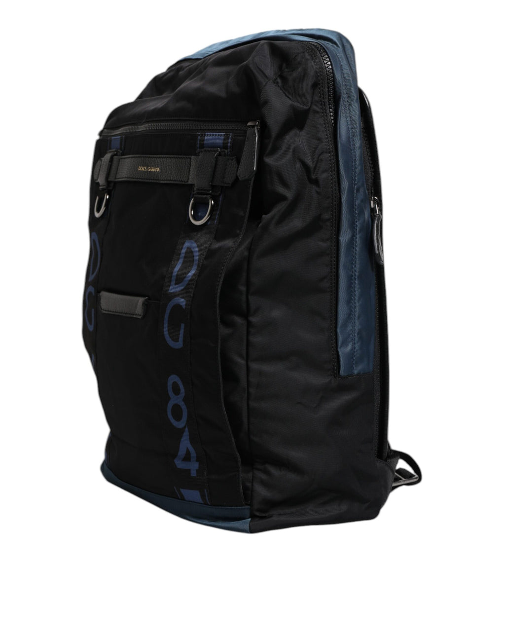 Sac à dos Dolce & Gabbana en nylon noir avec logo DG, style scolaire et pratique, visible avec poignées et compartiments.