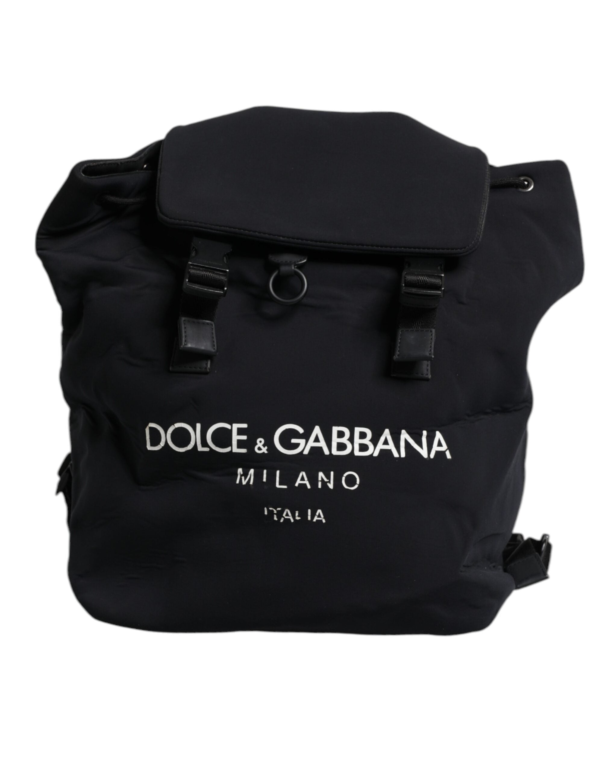 Sac à dos Dolce & Gabbana noir en néoprène et nylon avec logo DG visible, style élégant et pratique.