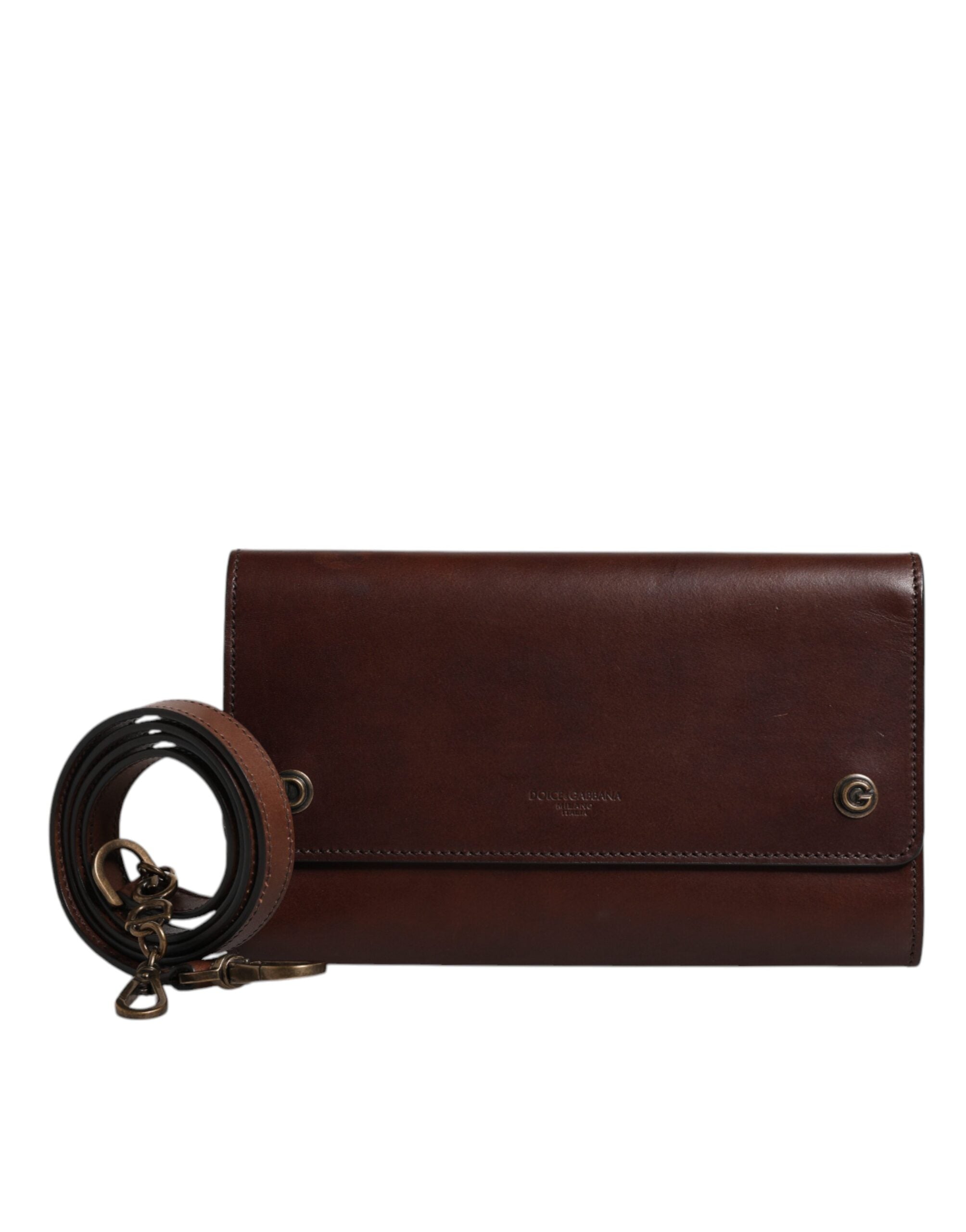 Sac à main bandoulière en cuir marron Dolce & Gabbana avec logo embossé, détails élégants et finition haut de gamme.