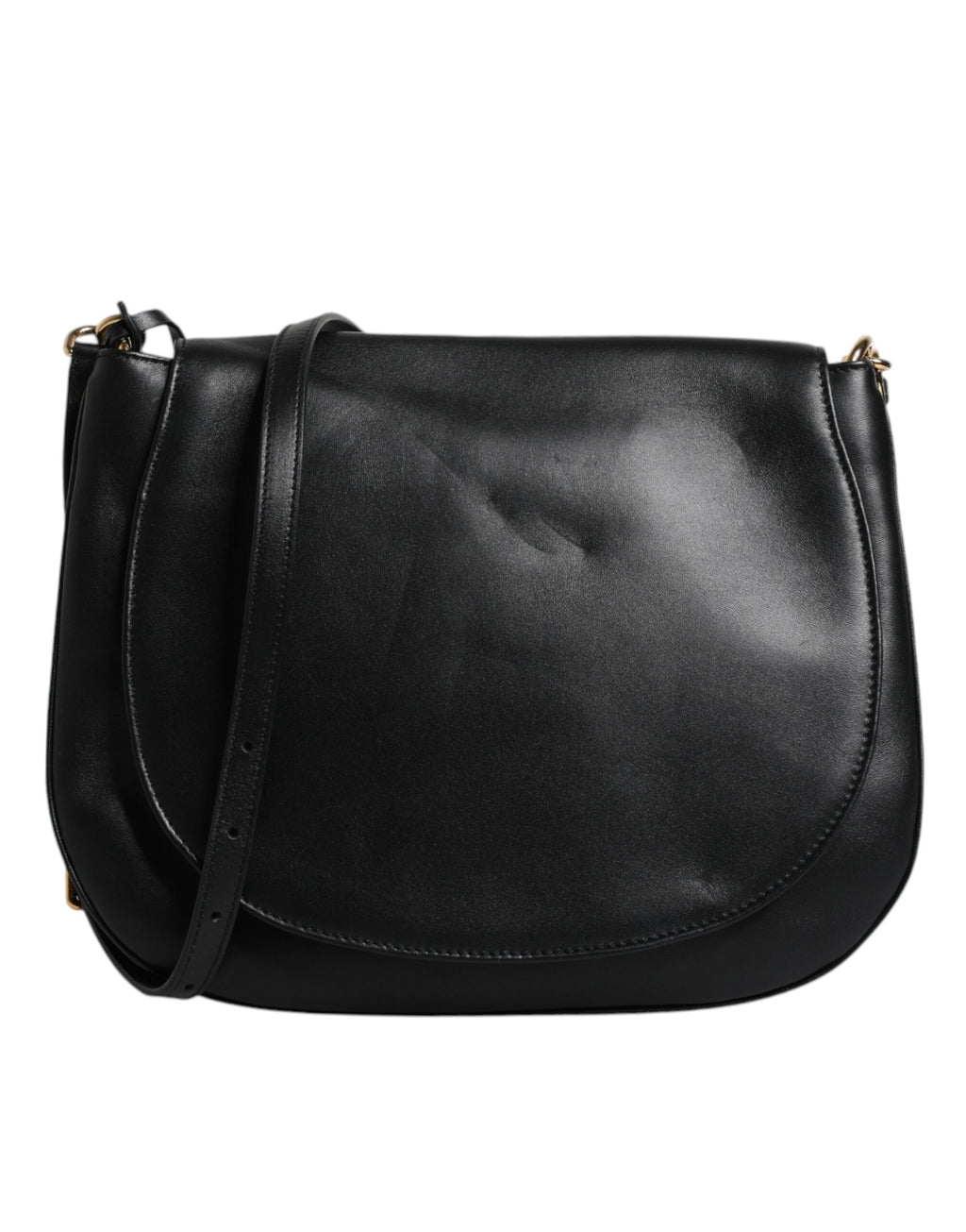 Sac à bandoulière en cuir noir Dolce & Gabbana avec rabat et boucle, vue de face sur un fond neutre.