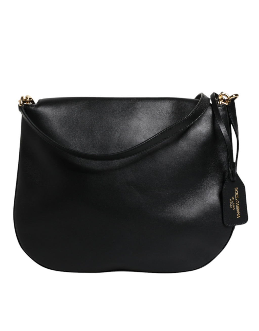 Sac à épaules en cuir noir Dolce & Gabbana avec rabat et boucle, vue de face.