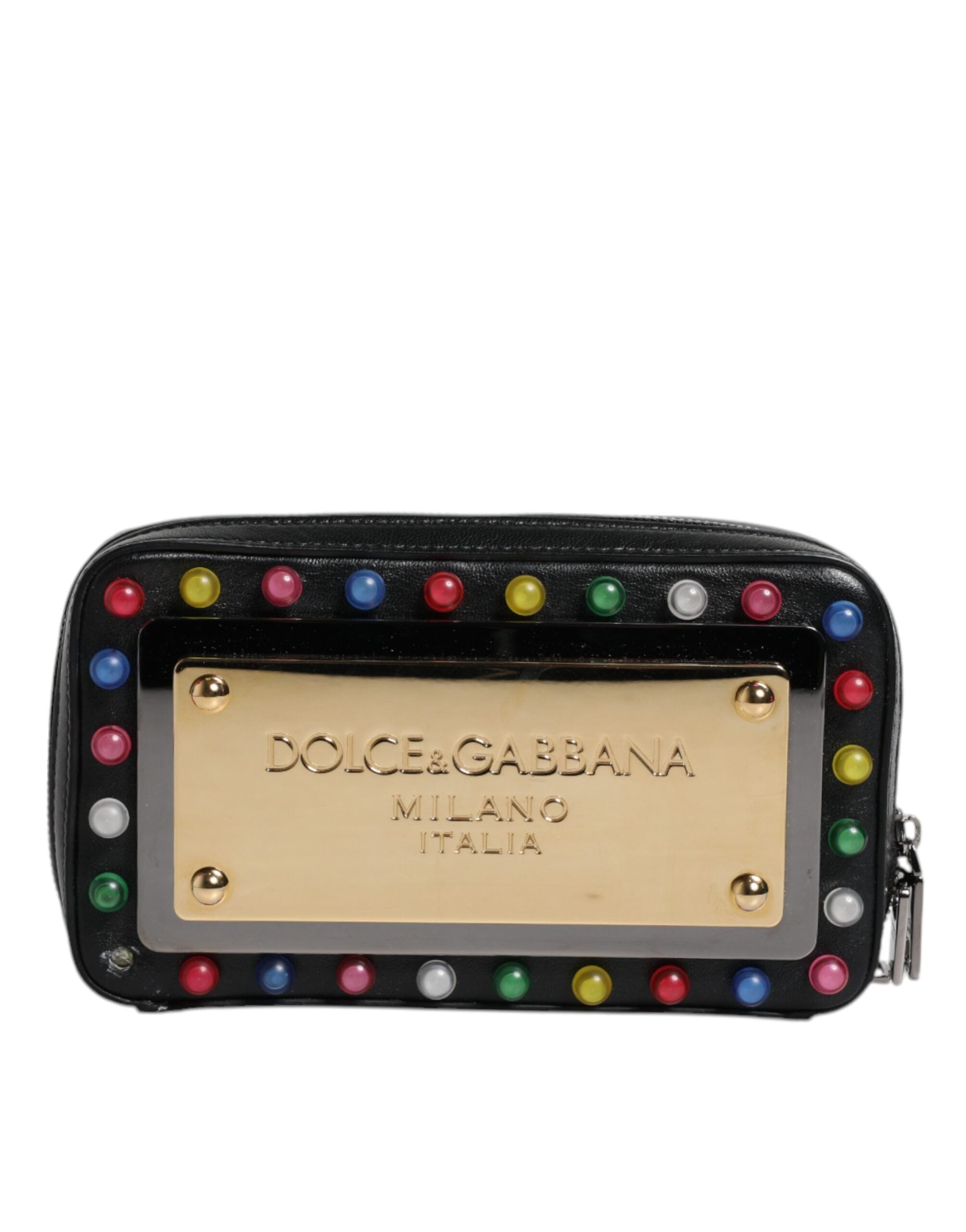 Pochette Dolce & Gabbana en cuir noir avec logo LED, bracelet de poignet en cuir et détail élégant.