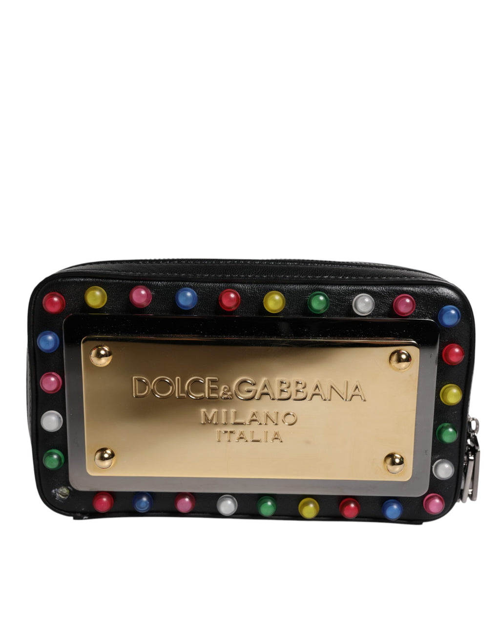 Pochette Dolce & Gabbana en cuir noir avec logo LED, bandoulière en bracelet, style élégant et moderne.