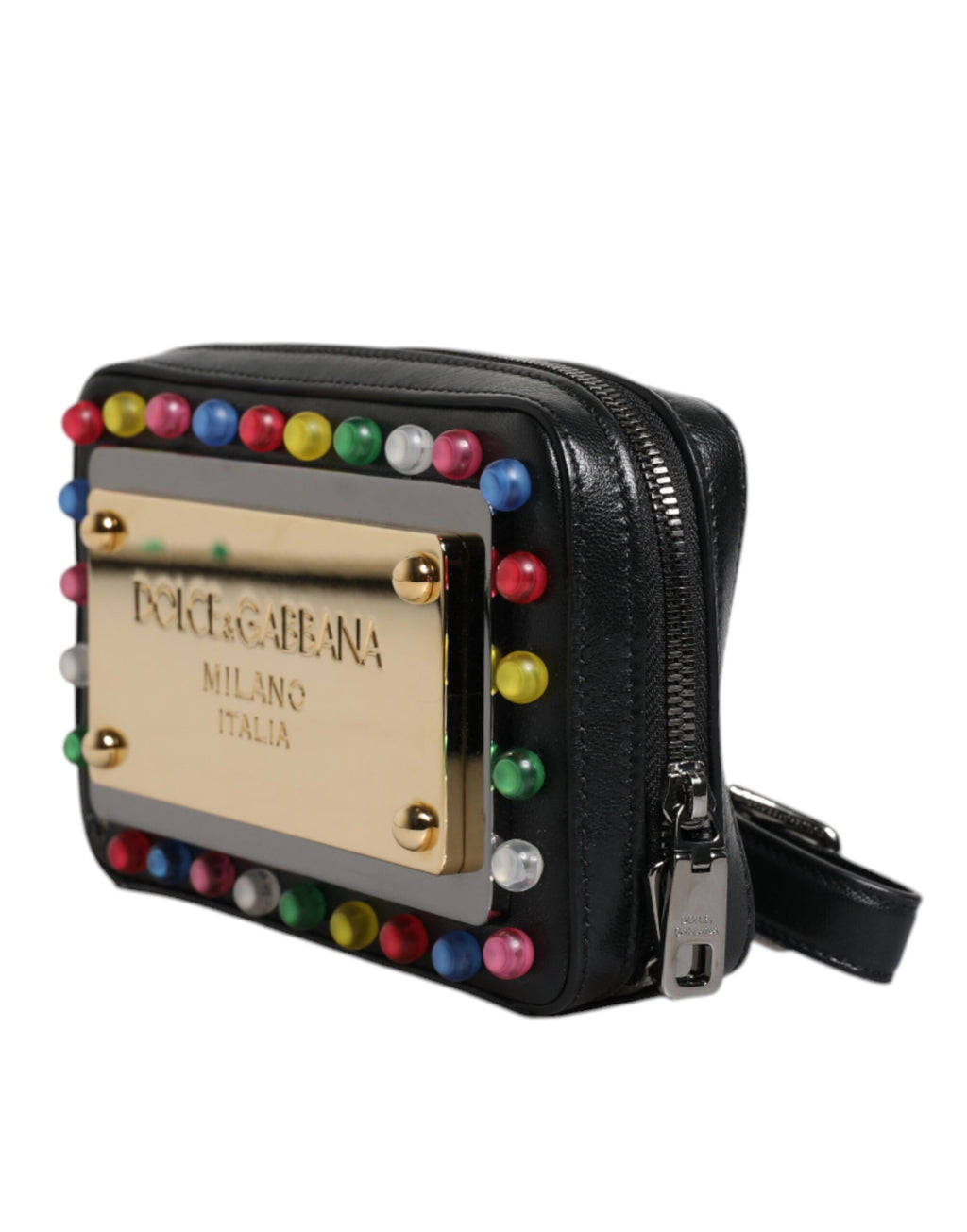Pochette Dolce & Gabbana en cuir noir avec logo LED, bandoulière en bracelet, design élégant et moderne.