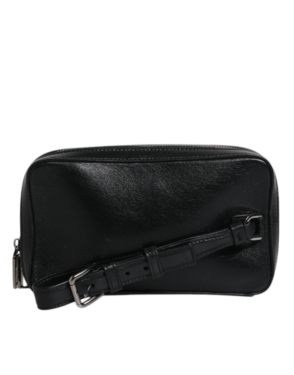 Pochette Dolce & Gabbana en cuir noir avec logo LED, bracelet de poignet en cuir, style élégant et moderne.