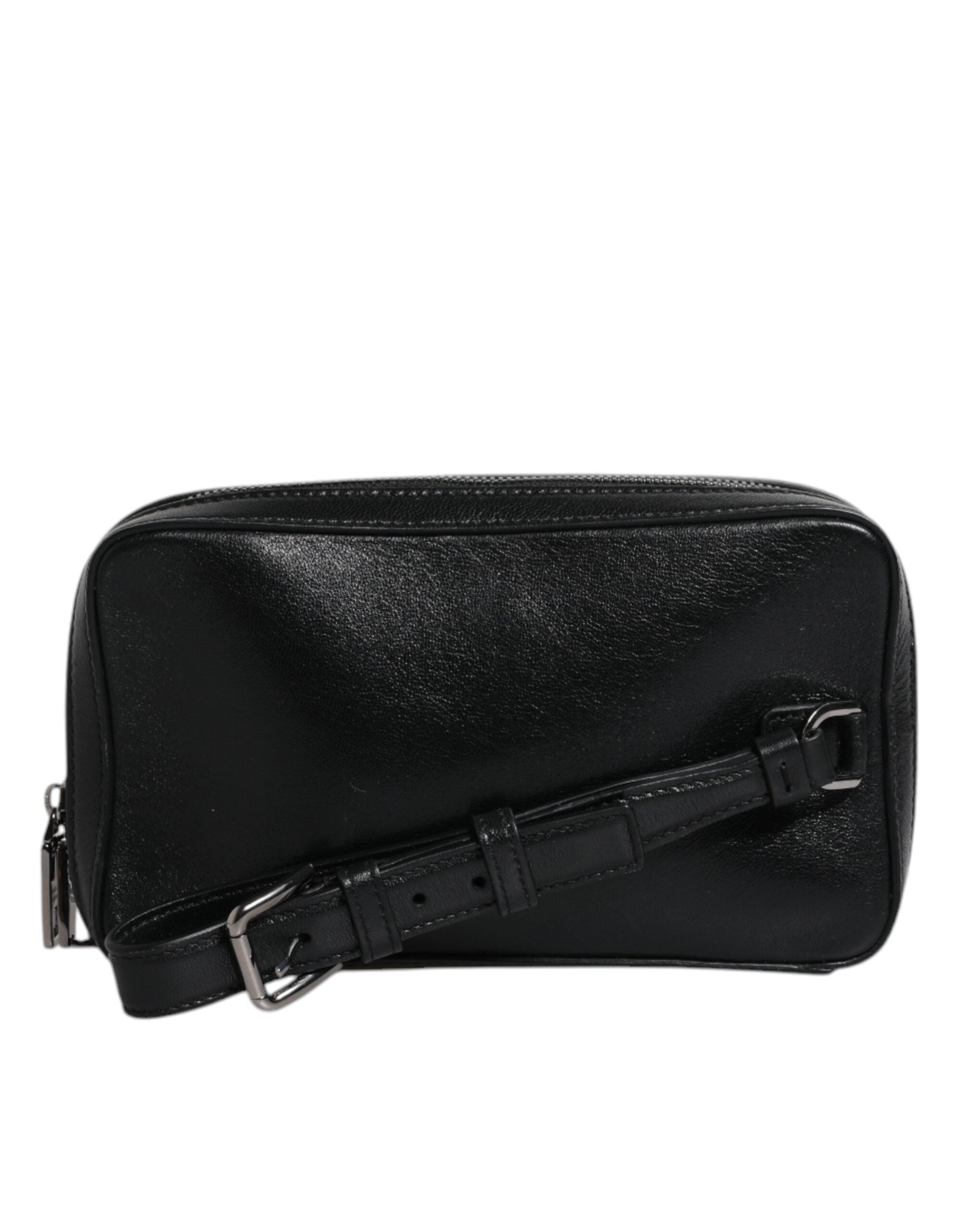 Pochette Dolce & Gabbana en cuir noir avec logo LED, bracelet de poignet en cuir, style élégant et moderne.