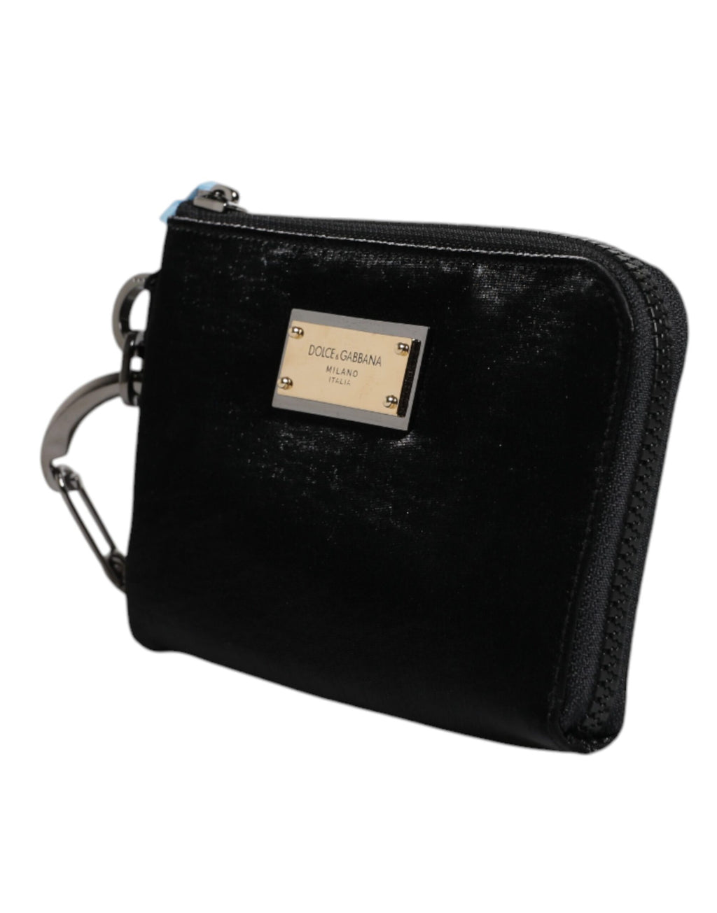 Pochette Dolce & Gabbana en nylon noir avec logo en plaque, porte-clés et clutch élégant, vue de face.