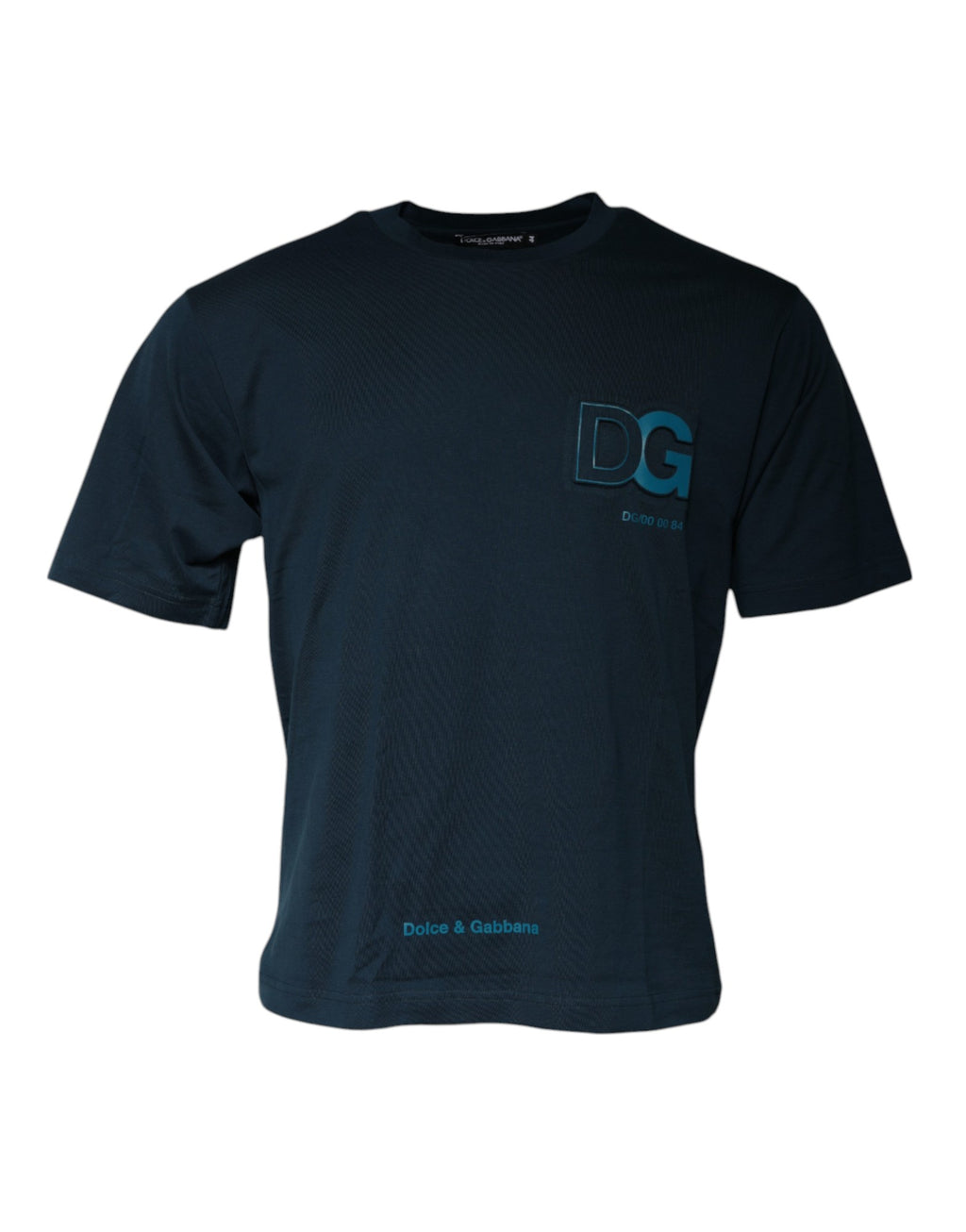 T-shirt à manches courtes Dolce & Gabbana, logo bleu sur le devant, col ras du cou, tissu en coton, style casual élégant.