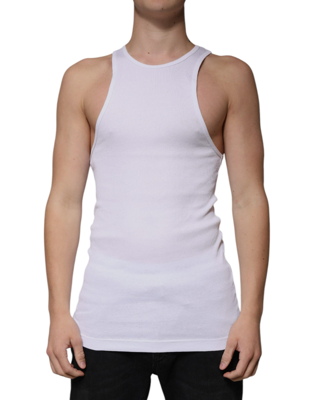 T-shirt sans manches Dolce & Gabbana en coton blanc avec col rond, vue de face.