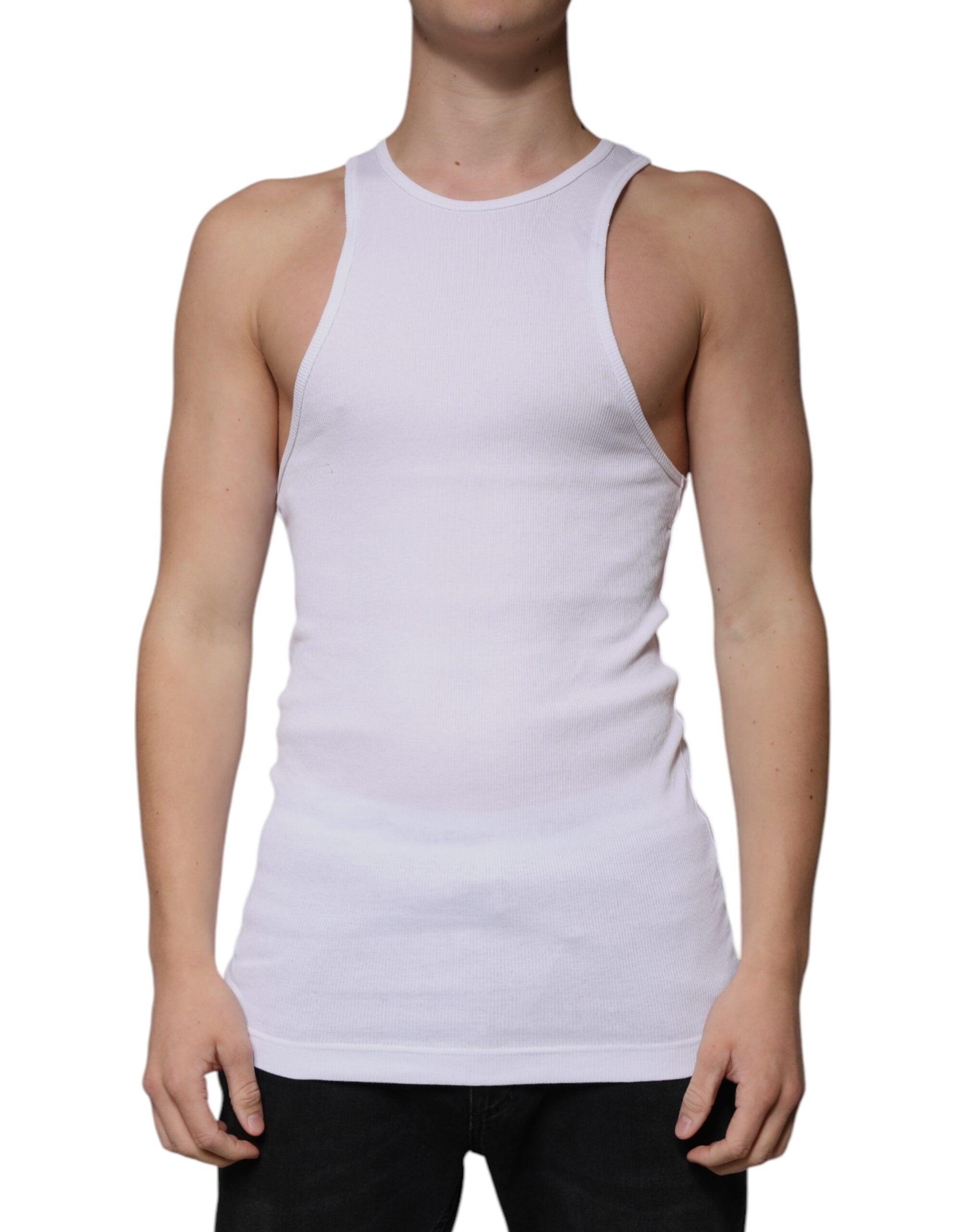 T-shirt sans manches Dolce & Gabbana en coton blanc avec col rond, vue de face.