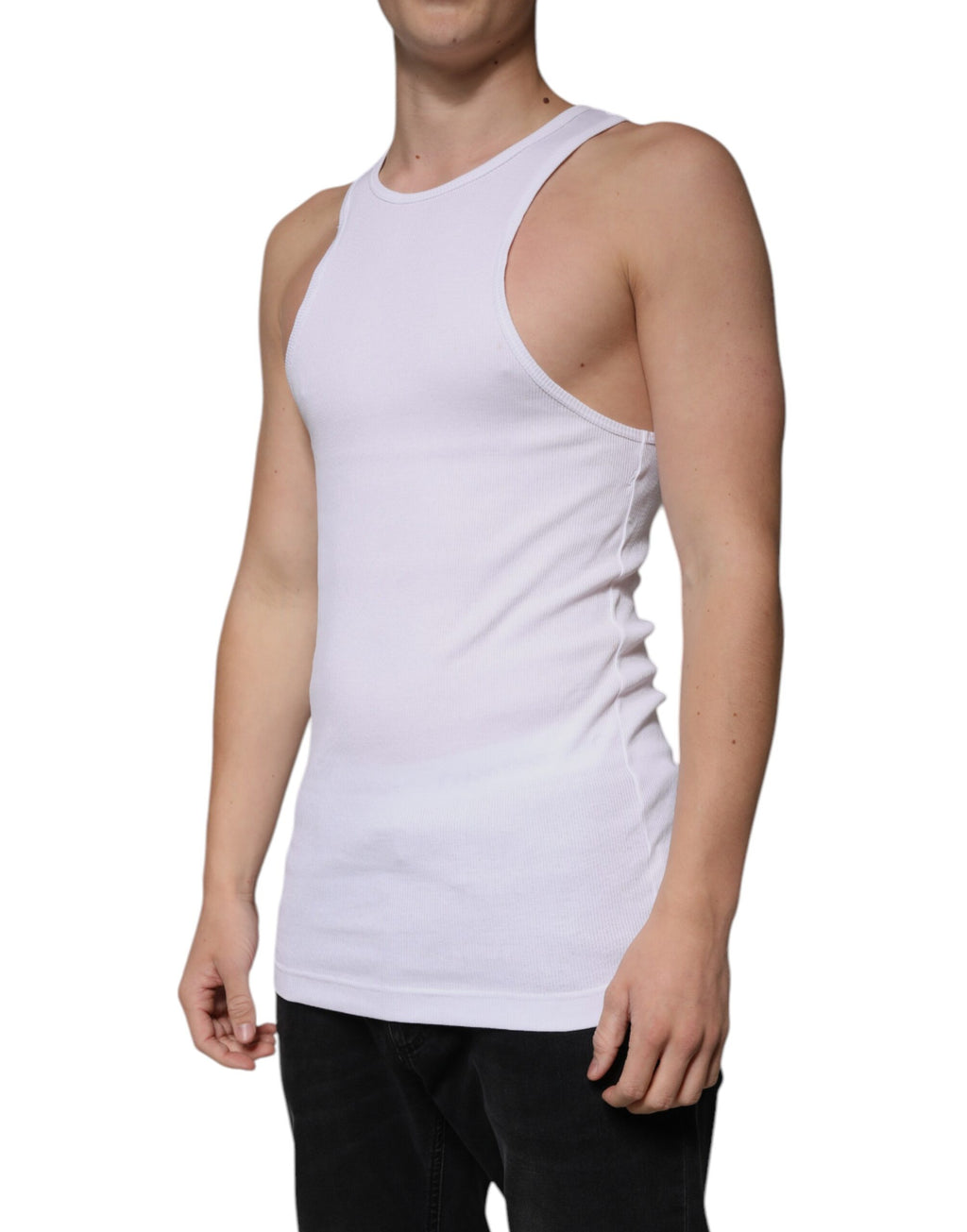 T-shirt sans manches en coton blanc Dolce & Gabbana avec col rond, vue de face, léger et confortable.