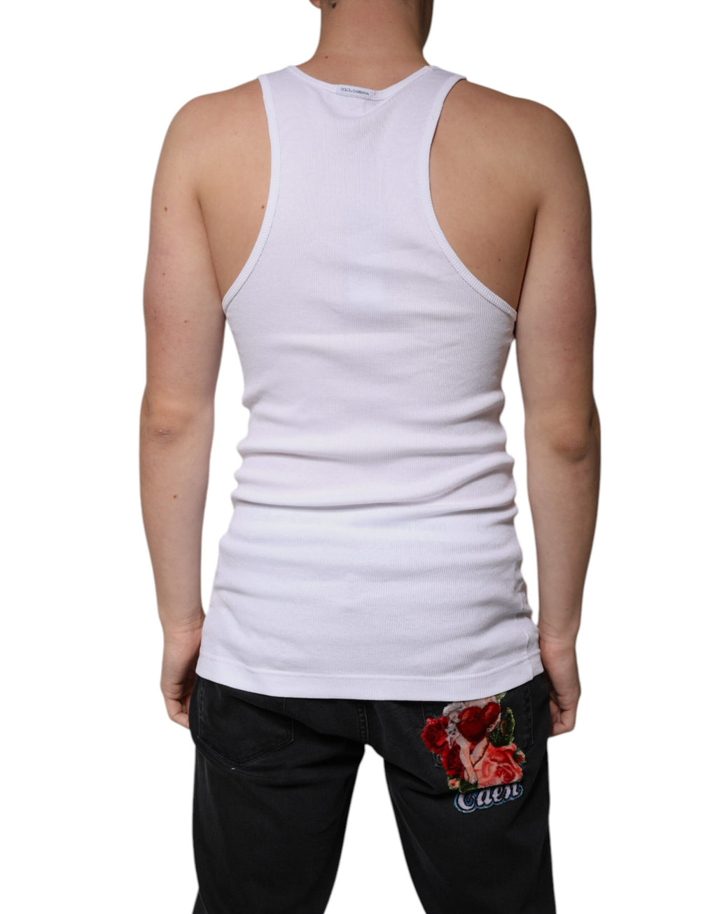 T-shirt sans manches en coton blanc de Dolce & Gabbana avec col rond, vue de face.