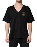 T-shirt noir en coton Dolce & Gabbana avec logo, col en V à manches courtes, élégante et décontractée.