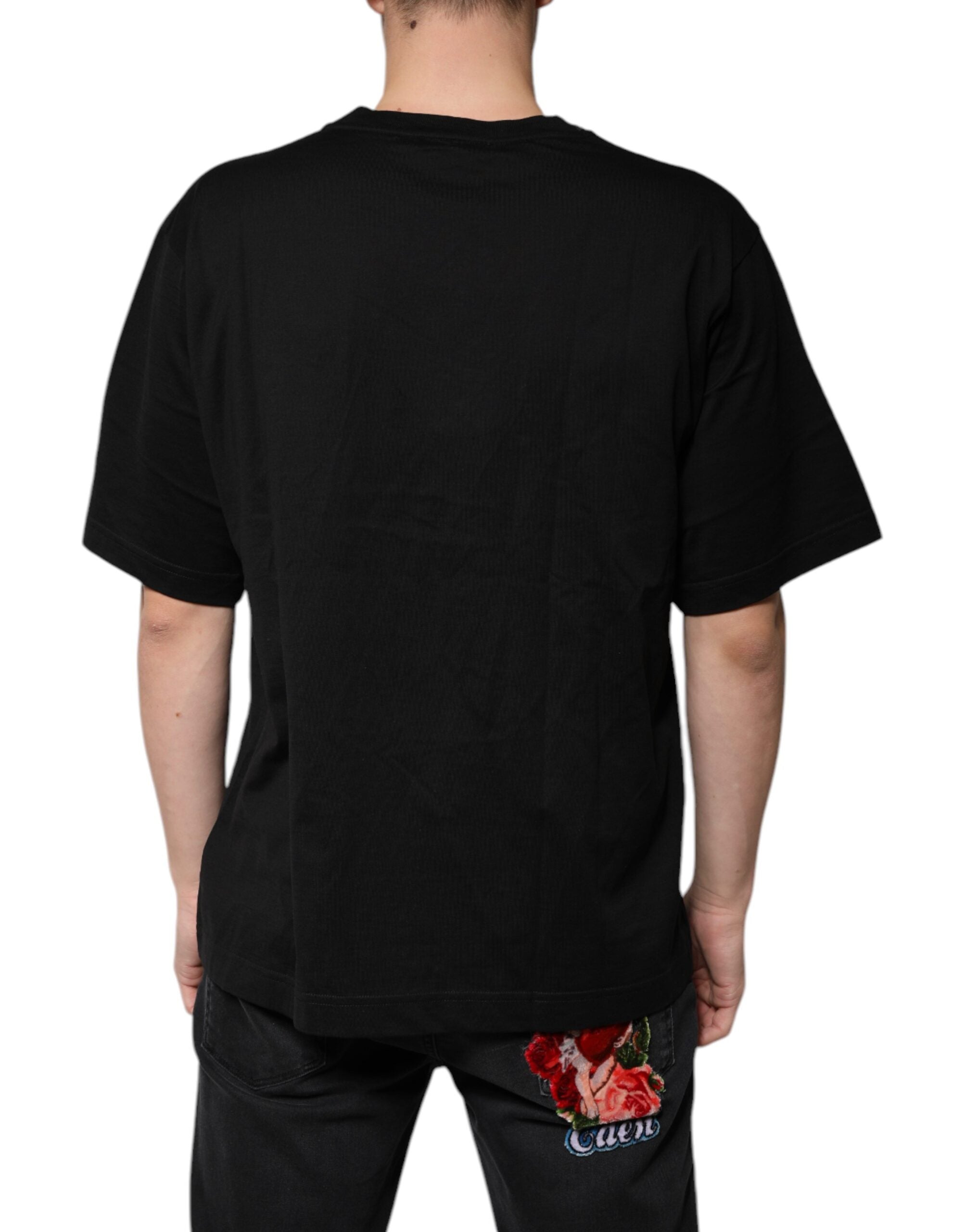 T-shirt noir en coton Dolce & Gabbana avec logo, col en V et manches courtes, vue de face.