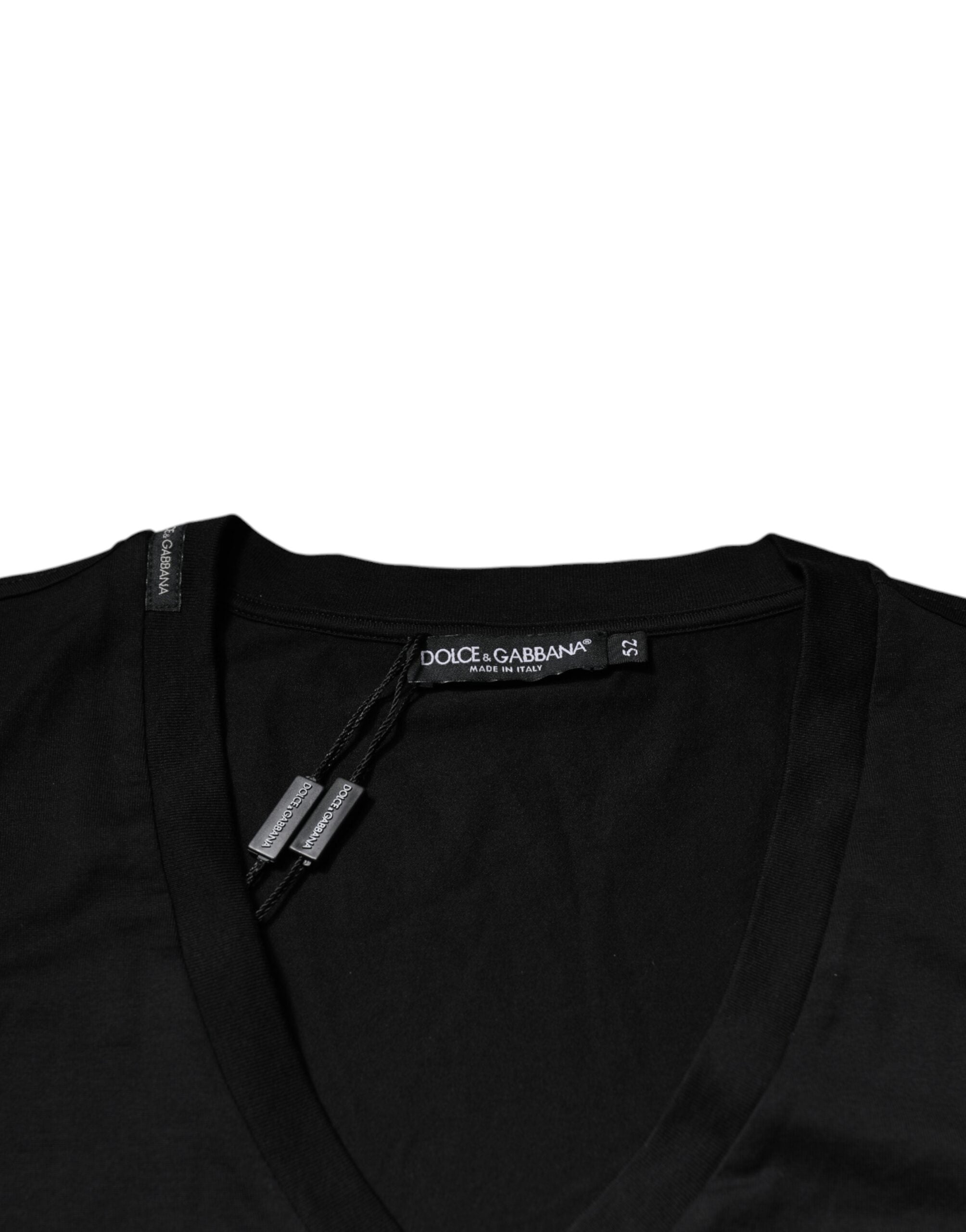T-shirt à manches courtes en coton noir Dolce & Gabbana avec logo en V neckline, mode élégante et décontractée.