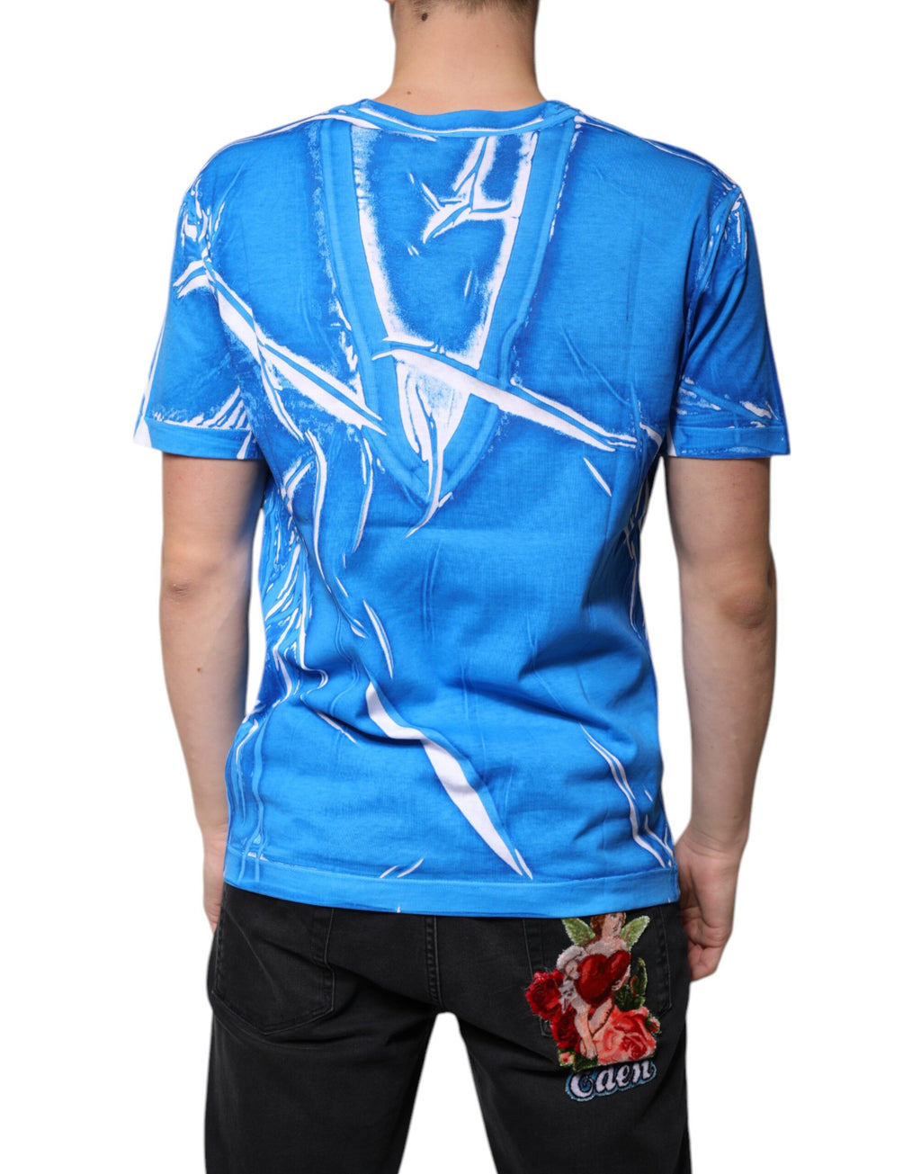 T-shirt Dolce & Gabbana en coton bleu à col en V et manches courtes, vue de face.