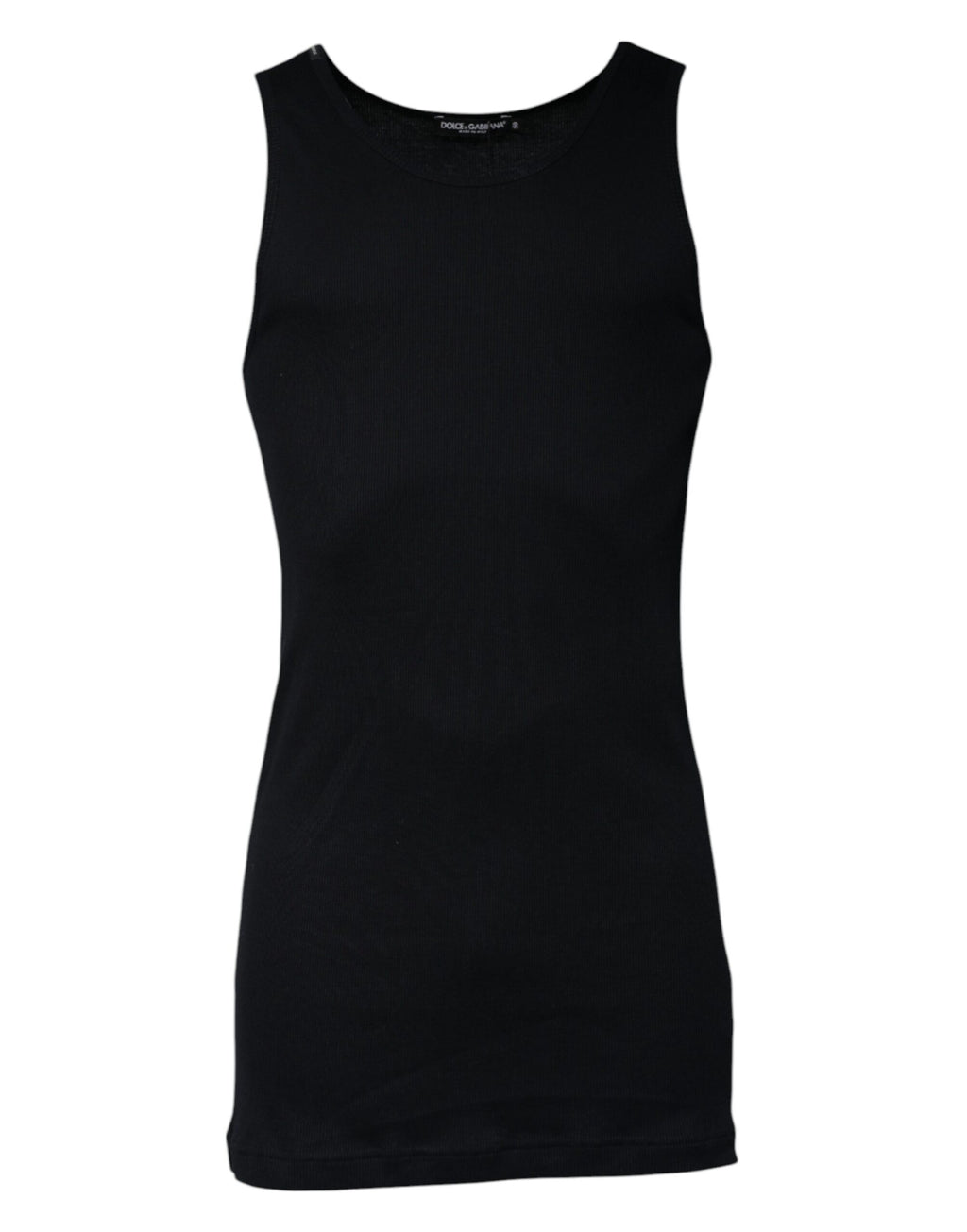 T-shirt sans manches en coton noir de Dolce & Gabbana avec col rond, vue de face, détails de la texture et du style élégant.