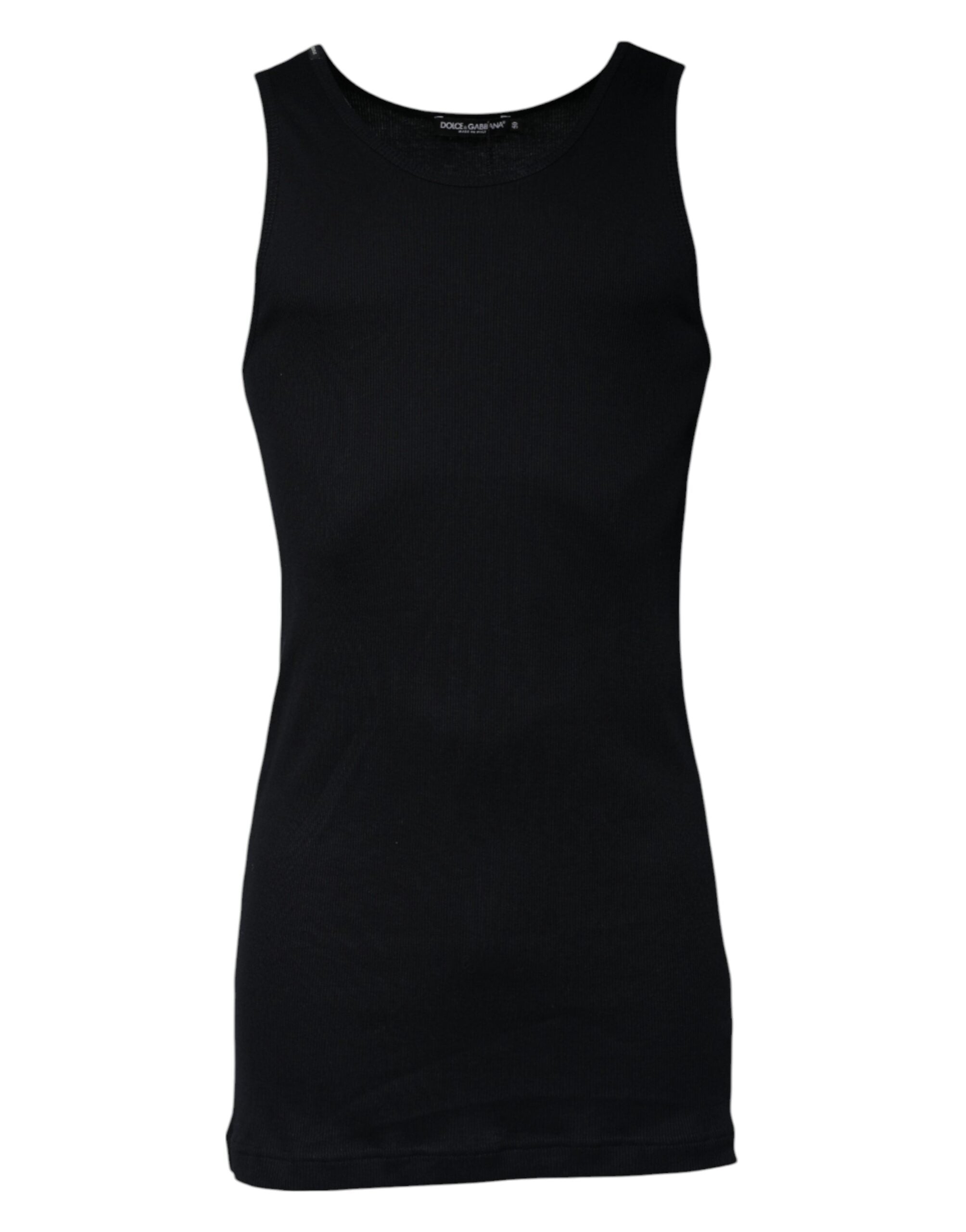 T-shirt sans manches en coton noir de Dolce & Gabbana avec col rond, vue de face, détails de la texture et du style élégant.