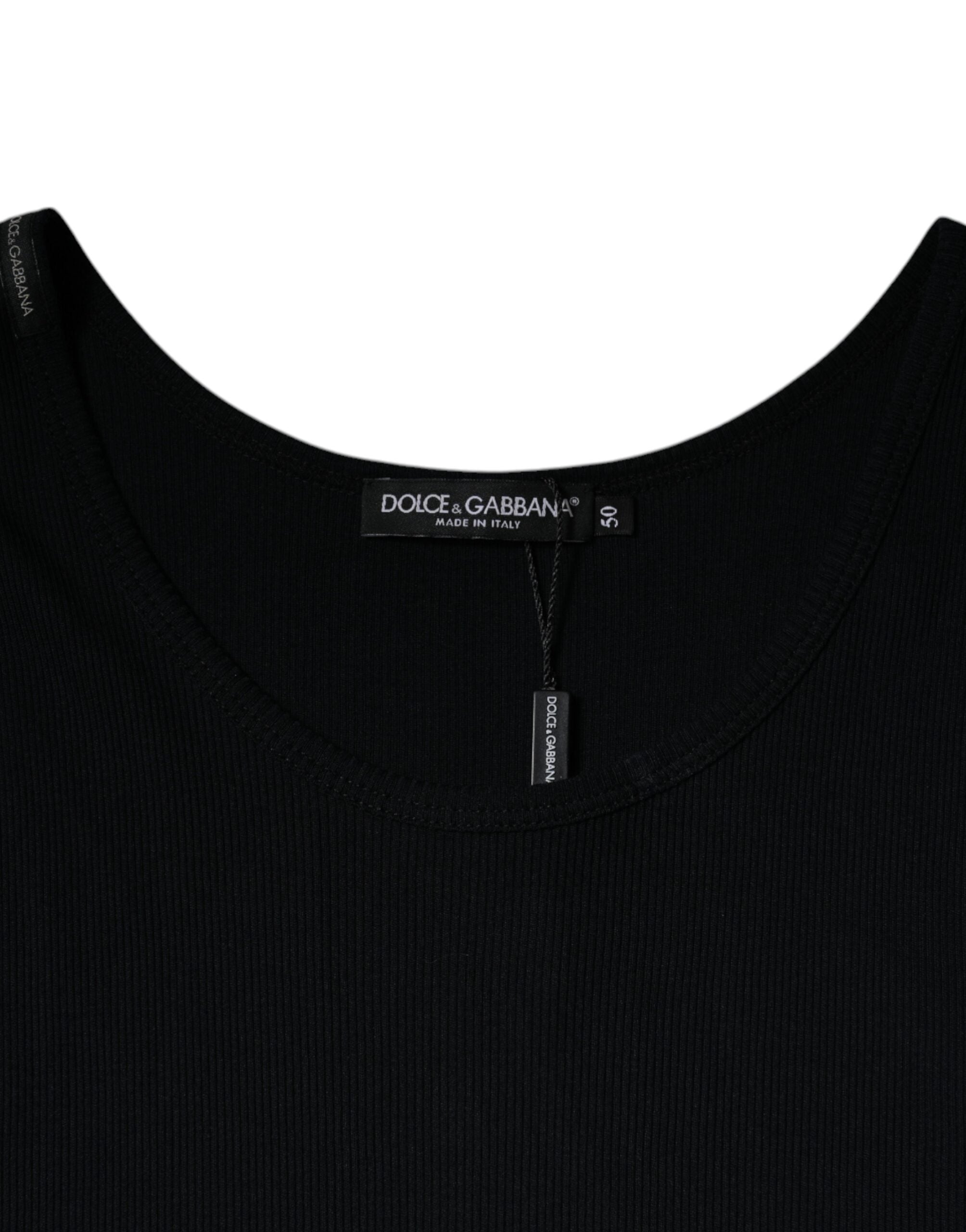 T-shirt sans manches noir en coton de Dolce & Gabbana avec col rond, vue de face.