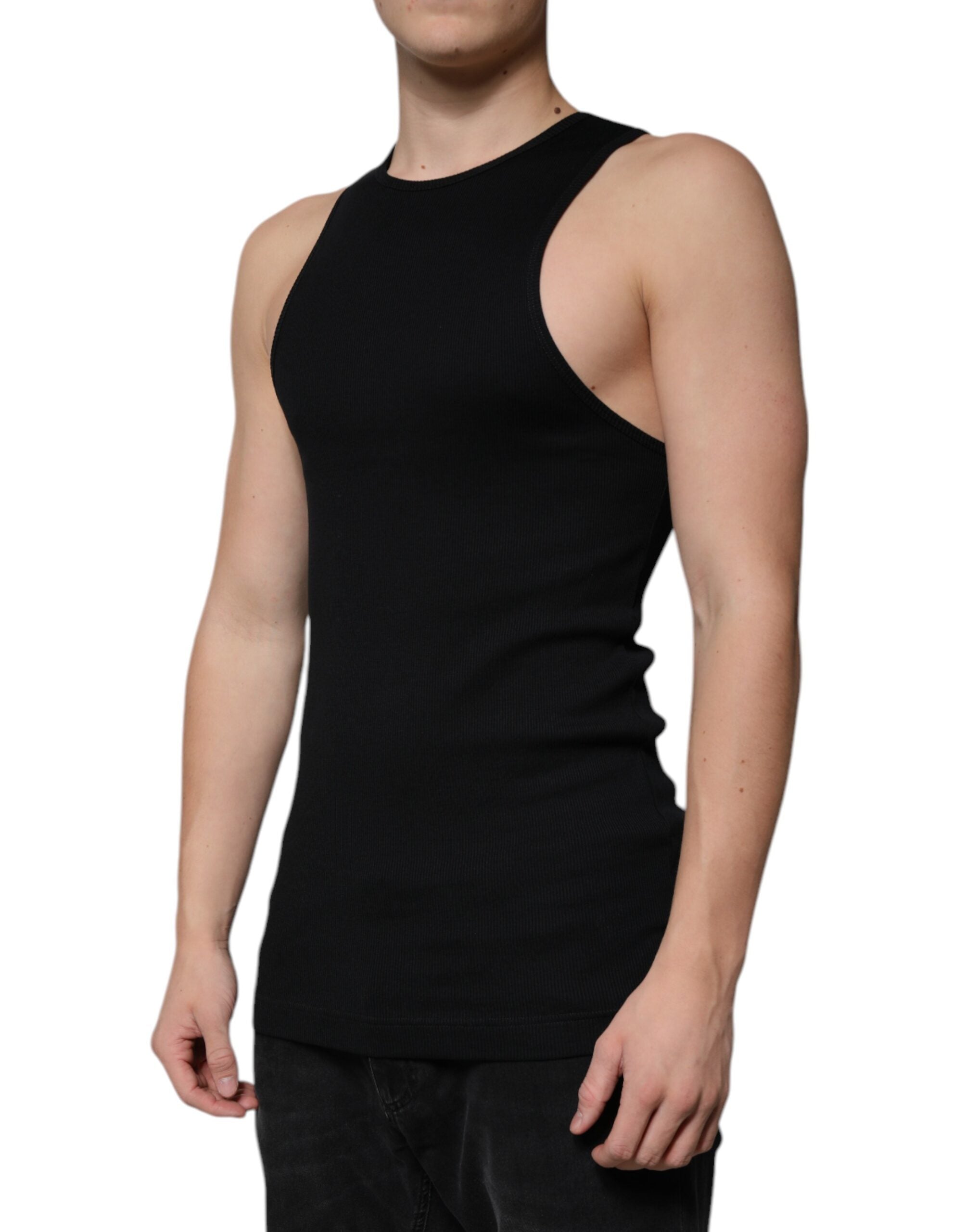 T-shirt sans manches en coton noir de Dolce & Gabbana, col rond, design élégant et moderne pour homme.