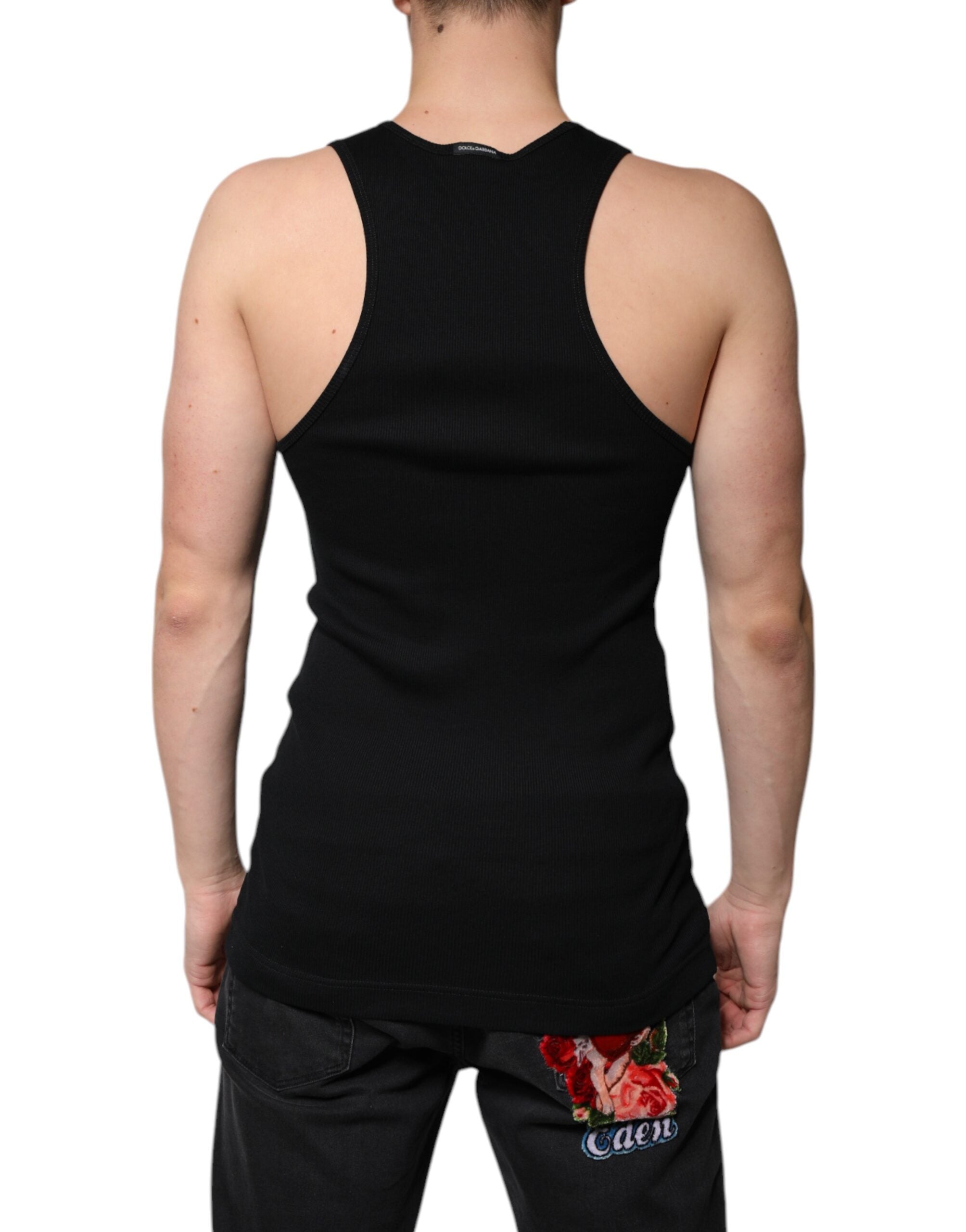 T-shirt sans manches en coton noir de Dolce & Gabbana avec col rond, vue de face.