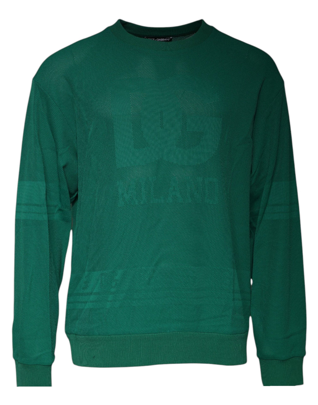 Pull en nylon vert avec logo Dolce & Gabbana, col rond, style décontracté et moderne.