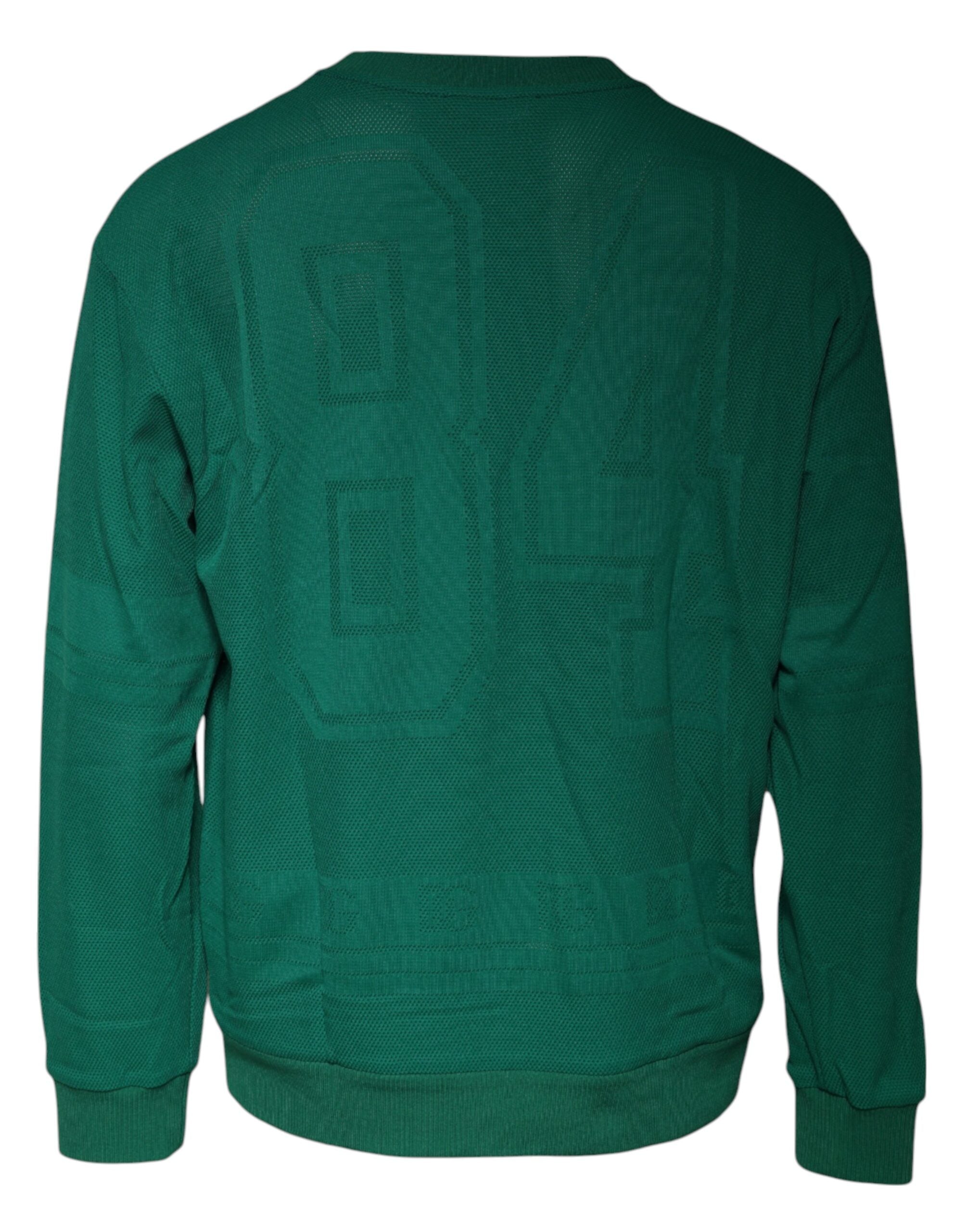 Pull en nylon vert Dolce & Gabbana avec logo, col rond, style décontracté et moderne, visible sur le pull dans l'image.