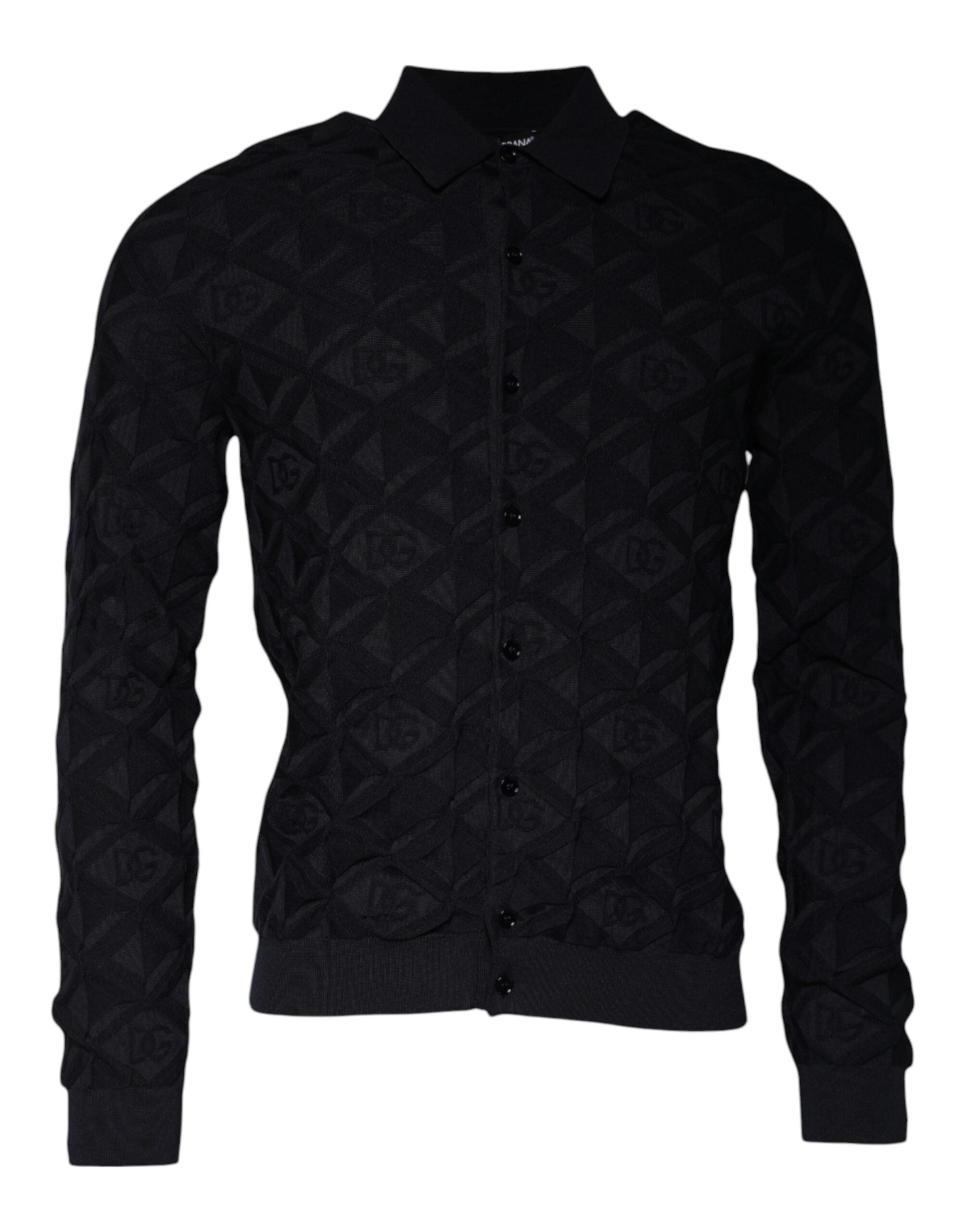 Cardigan homme Dolce & Gabbana en soie noire avec col rond, style élégant et classique.