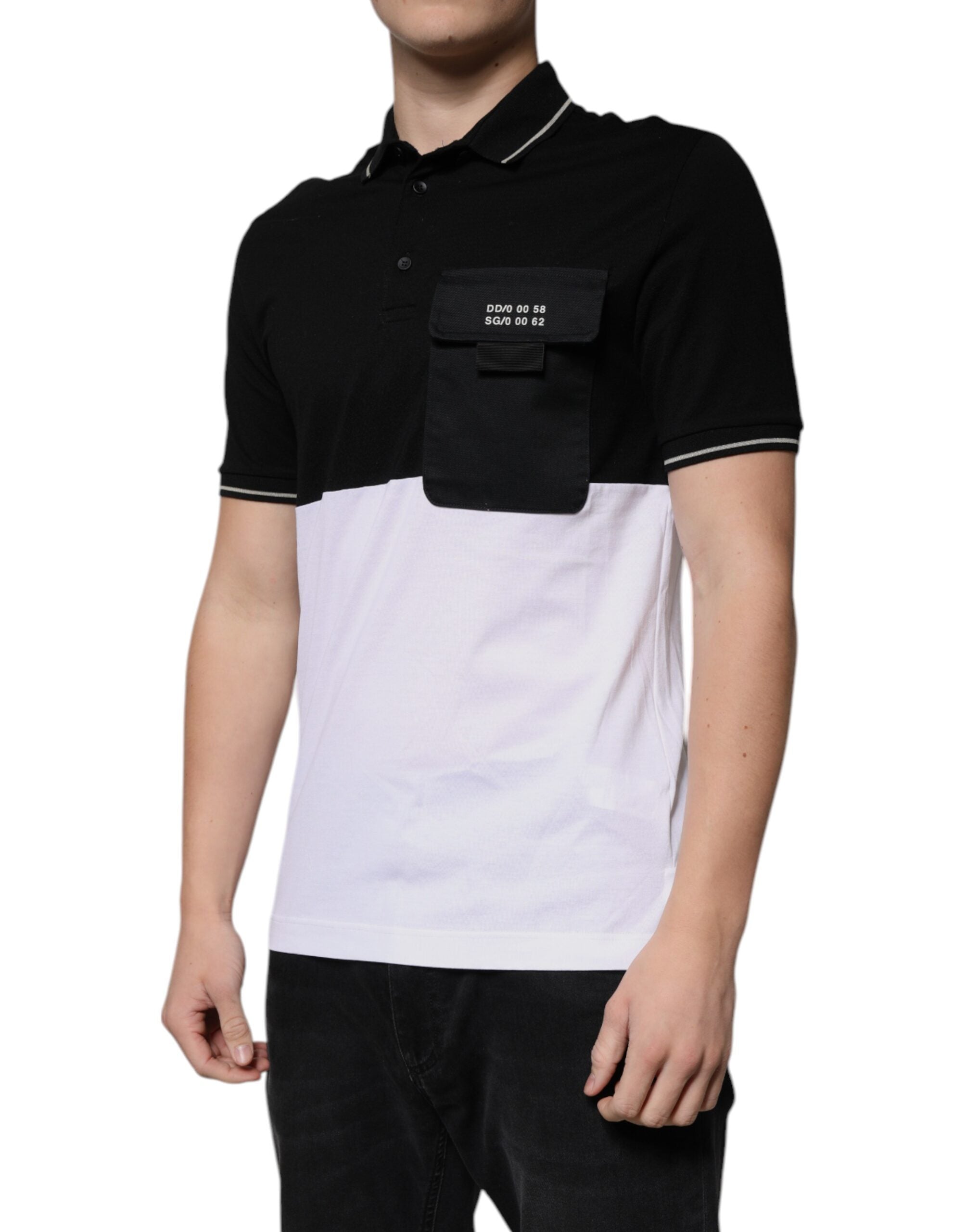 Polo en coton noir et blanc Dolce & Gabbana à manches courtes, style élégant et classique pour homme.
